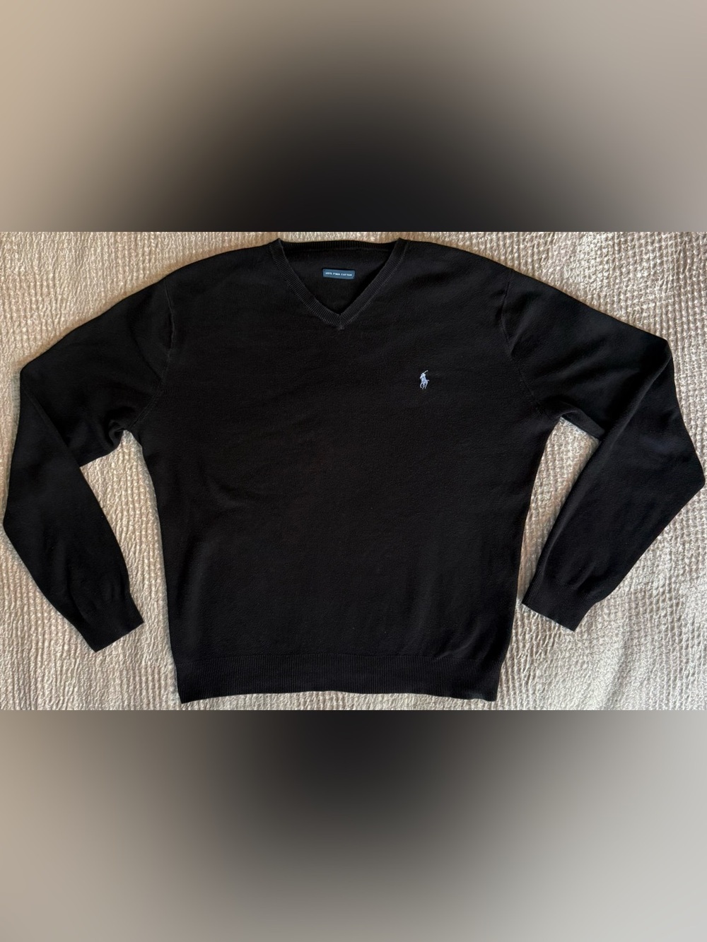 Polo Ralph Lauren 100% Pima Cotton V Neck Sweater Black Blue Pony Preppy